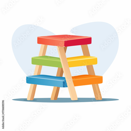 Colorful Wooden Step Stool on Light Blue Background