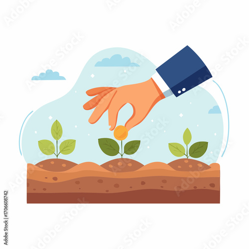 Hand Sowing Golden Coin In Fertile Soil With Seedlings