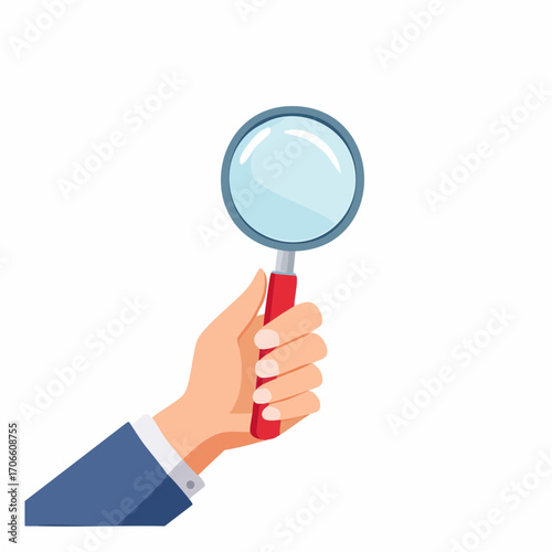 Hand Holding Magnifying Glass With Red Handle