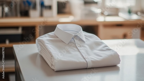 long-sleeved button-down shirt, folded on a wooden table generative ai