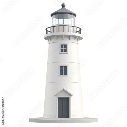 Red and white striped lighthouse for marine navigation, isolated on transparant background