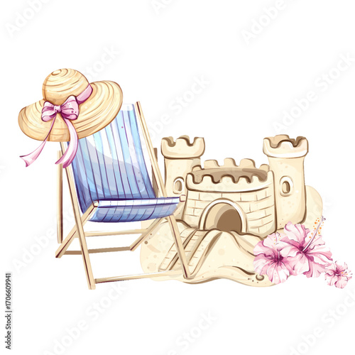 Relaxing beach vibes with a stylish sun hat and whimsical sandcastle overlooking the golden shoreline adorned with tropical flowers