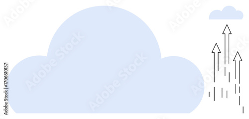 Large cloud graphic paired with upward arrows depicting data upload, scalability, and digital transformation. Ideal for technology, data management, innovation, online storage, business growth, cloud