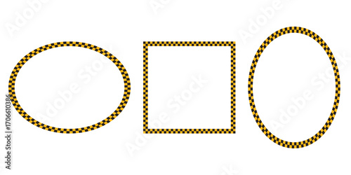 Oval and square frames with black and yellow chequered print. Vignettes with taxi checkered pattern, checkerboard, rally flag or chess game plane texture. Vector flat illistration