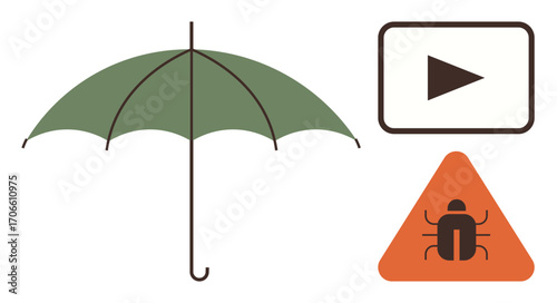 Green umbrella, play button, and orange warning triangle with bug icon. Ideal for protection, caution, bugs, cybersecurity, technology media risk. Simple flat metaphor