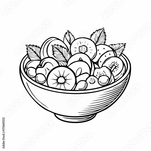 Healthy acai bowl with fruits in line art style