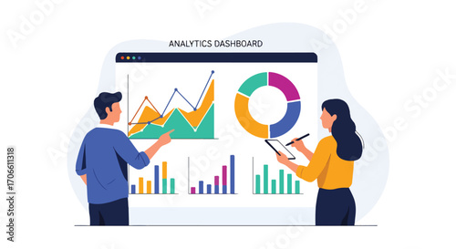 Flat illustration of business colleagues analyzing charts and graphs on a digital dashboard, discussing strategy, growth, and financial performance for corporate planning, teamwork, and decision