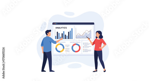 Flat illustration of business colleagues analyzing charts and graphs on a digital dashboard, discussing strategy, growth, and financial performance for corporate planning, teamwork, and decision