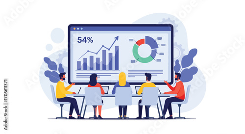 Flat vector illustration of a business team meeting analyzing charts and graphs on a big screen, discussing strategy, growth, performance, and financial data for decision-making and success