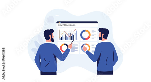 Flat illustration of business colleagues analyzing charts and graphs on a digital dashboard, discussing strategy, growth, and financial performance for corporate planning, teamwork, and decision
