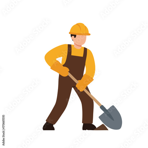 An illustration of a construction worker wearing a hard hat and overalls, diligently shoveling dirt, representing manual labor and the building industry.