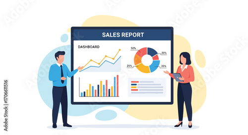Flat vector illustration of business professionals presenting a sales report with dashboard charts, bar graphs, and pie charts, analyzing performance and financial growth strategy