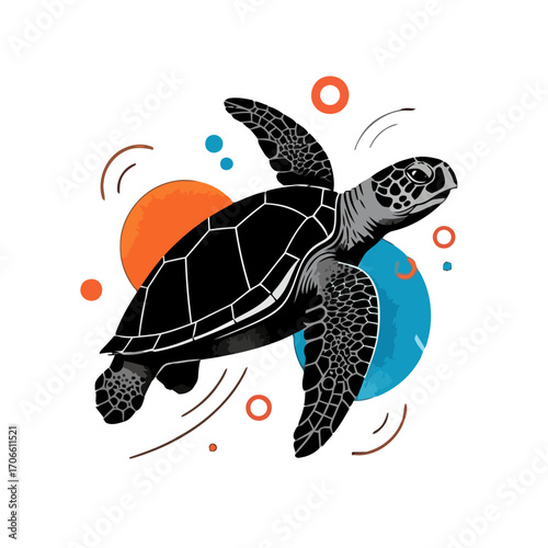 Stylized sea turtle swimming with abstract colorful circles