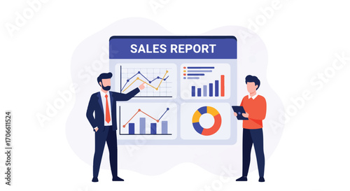 Flat vector illustration of business professionals presenting a sales report with dashboard charts, bar graphs, and pie charts, analyzing performance and financial growth strategy