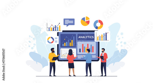 Flat design vector illustration of business team analyzing data with charts and graphs on a big screen, discussing analytics, performance, and strategy for corporate growth and decision-making
