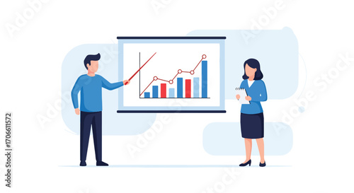 Flat style vector illustration of business professionals presenting bar and line charts, discussing financial data, strategy, and planning for corporate growth, teamwork, and success
