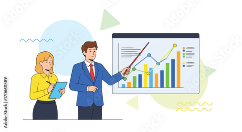 Flat style vector illustration of business professionals presenting bar and line charts, discussing financial data, strategy, and planning for corporate growth, teamwork, and success