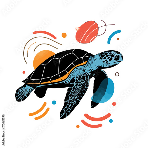 Illustration a sea turtle swimming with abstract colorful shapes
