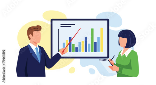 Flat style vector illustration of business professionals presenting bar and line charts, discussing financial data, strategy, and planning for corporate growth, teamwork, and success