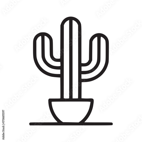 Illustration of a cactus in a pot, the cactus has three arms and is drawn in a simple, minimalist style, perfect for representing desert, southwest, or resilience