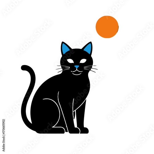 Black cat sitting with orange circle