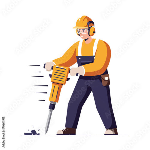 A dedicated construction worker, fully equipped with safety gear, skillfully operates a powerful jackhammer to break up hard surfaces on a job site.
