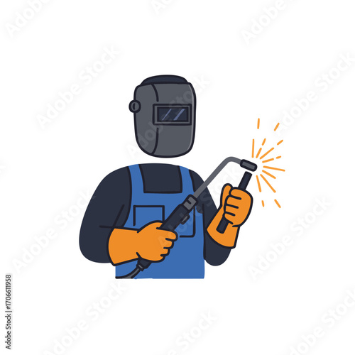 A skilled industrial worker, wearing protective gear, diligently performs welding tasks with a torch, creating bright sparks in a modern, flat vector illustration.