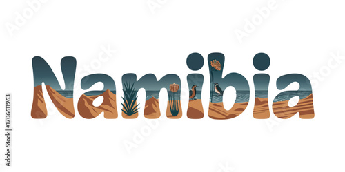 Namibia Decorative Lettering with Desert Landscape, Wildlife, and Ocean Elements, Vector Illustration for Travel and Tourism Design