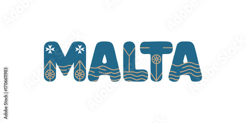 Malta Typography Logo with Nautical Elements, Maltese Cross, and Waves – Modern Blue Vector Design Isolated on Transparent Background