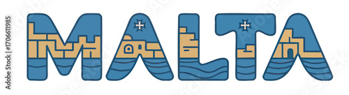 Malta Lettering Illustration with Mediterranean Architecture, Sea Waves, and Maltese Cross in Blue and Beige Colors for Travel and Tourism Design