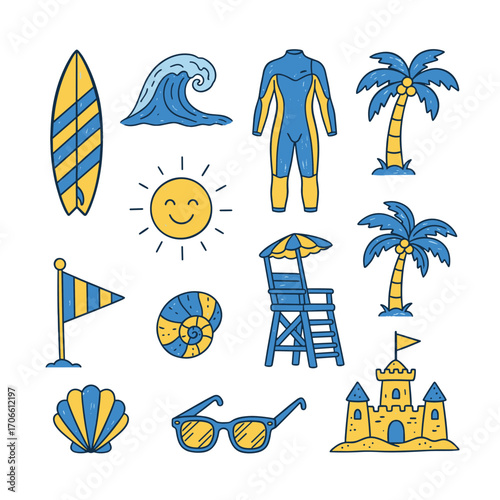 Set of  surfing icons in hand drawn blue and yellow doodle style. Vector illustration with surfboard, wave, wetsuit, palm tree, sun, beach flag, lifeguard chair, shell, sunglasses, sandcastle