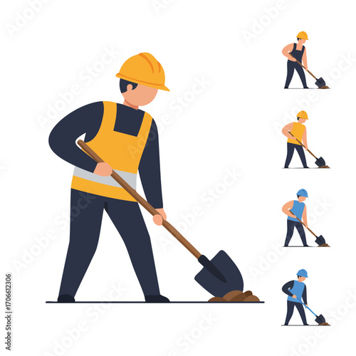 An illustrated construction worker wearing a hard hat and safety vest diligently uses a shovel to move earth, depicting manual labor and industrial work.