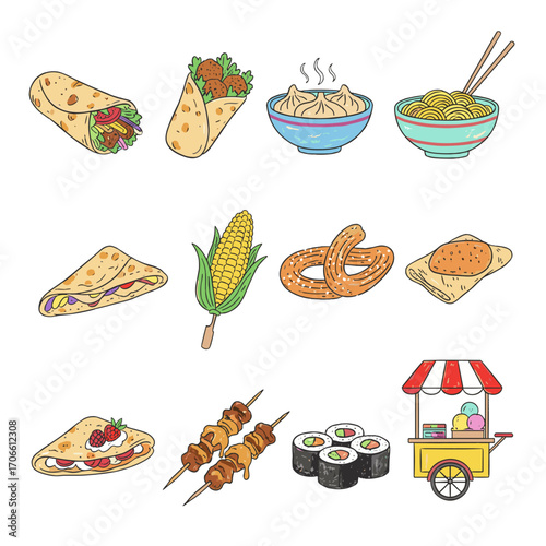 Set of  street food icons in hand drawn colorful doodle style. Vector illustration with kebab, falafel wrap, dumplings, churros, noodles, crepe, corn on the cob, satay, sushi roll, ice cream cart