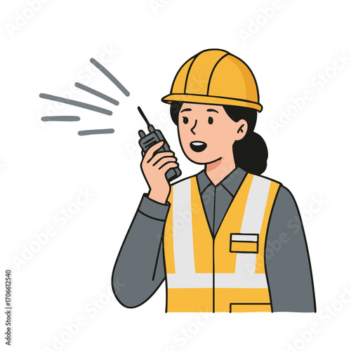 A diligent female worker, wearing a yellow hard hat and reflective safety vest, communicates via walkie-talkie, ensuring efficient project coordination and site safety.