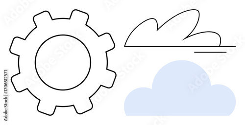 Black outline gear, fluffy blue cloud, and abstract line cloud combined to convey themes of technology, efficiency, and connectivity. Ideal for innovation, cloud computing, teamwork, data process