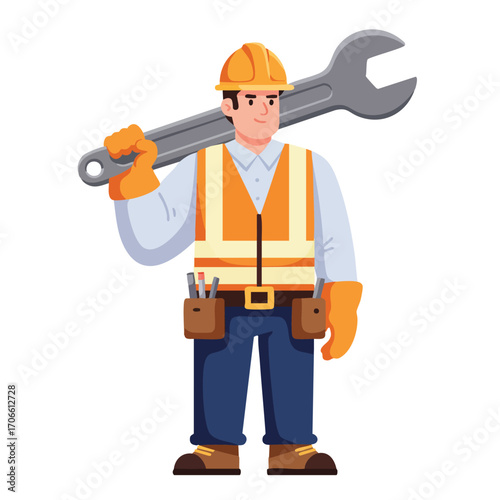 A confident male construction worker wearing a hard hat and safety vest, holding a large wrench over his shoulder, ready for essential maintenance or repair tasks.