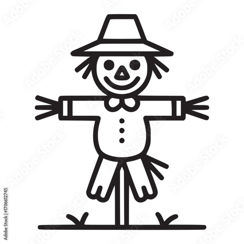 Illustration of a scarecrow the scarecrow is wearing a hat and has a bow tie it is standing in a field the style is simple and clean, making it suitable for various design purposes
