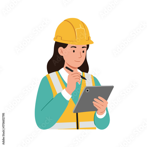 A female engineer in a hard hat and safety vest uses a digital tablet for site inspection, representing modern construction and project management.