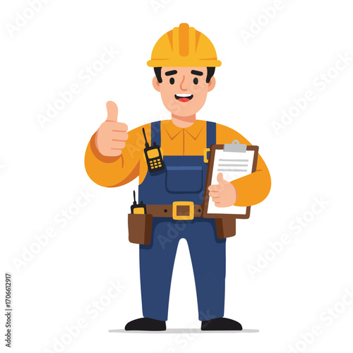 A cheerful male construction worker wearing a hard hat and overalls gives a confident thumbs-up while holding a clipboard, symbolizing successful project completion and approval.