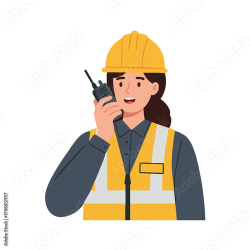 A professional woman, wearing a yellow hard hat and safety vest, communicates with a walkie-talkie, symbolizing efficient project management, security, and teamwork.