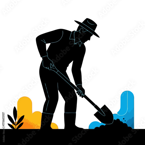 Silhouette a farmer digging with a shovel