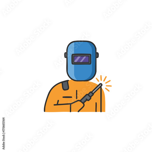 A vibrant flat design icon depicts a skilled industrial welder wearing a blue protective mask and orange uniform, actively performing metalwork with a sparking torch.