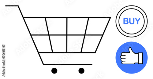 Shopping cart outline, Buy button, and thumbs-up icon suggesting online shopping, user approval, and digital purchases. Ideal for e-commerce, retail, technology, marketing product page consumer