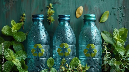 Clear plastic water bottle that has a green recycling logo on it in full sun, recycle bottles nature environment logo icon template