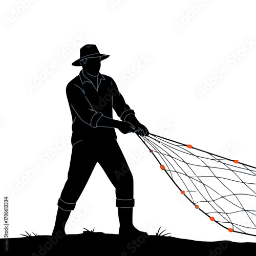Fisherman casting a net on a transparent background