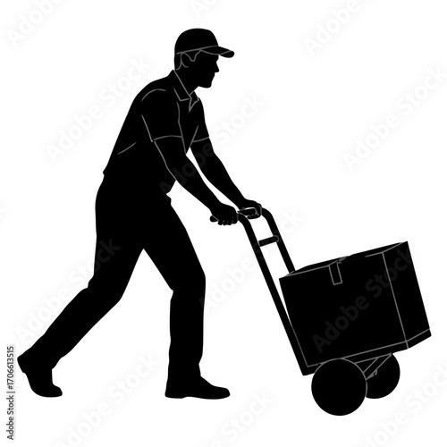 Silhouette a delivery person pushing a box on a hand truck
