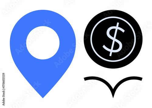 Blue location pin, black dollar sign in circle, and curved line suggest finance, navigation, and growth. Ideal for business, travel, economy risk success location abstract concepts. Minimal flat