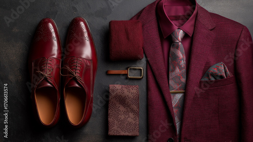 High-end tailoring flat lay: burgundy red suit, tie, polished shoes arranged on dark textured background, luxury menswear branding style