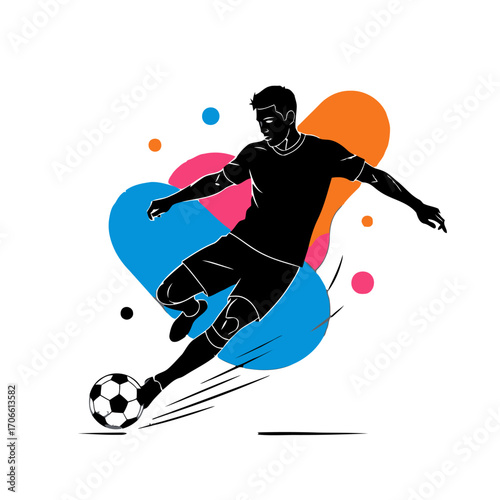 Silhouette a soccer player kicking a ball