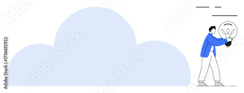 Person holding a glowing lightbulb standing near a large abstract cloud. Ideal for cloud technology, innovation, creativity, ideas, energy, problem-solving, collaboration. Simple flat metaphor